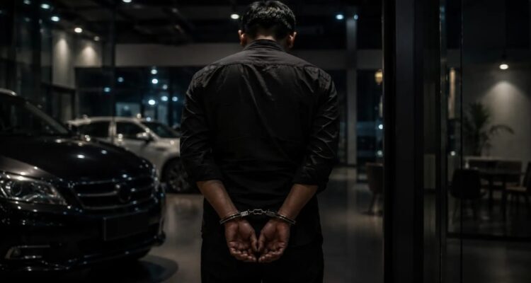 Ilustrasi pria diborgol di showroom mobil terkait kasus dugaan penggelapan aset usaha dan judi online di Ciputat Timur, Tangerang Selatan.