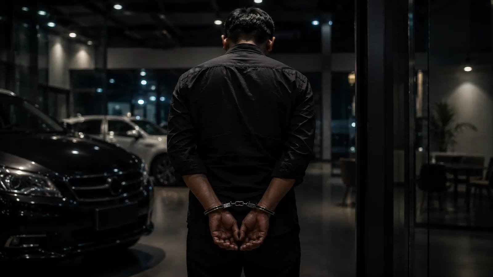 Ilustrasi pria diborgol di showroom mobil terkait kasus dugaan penggelapan aset usaha dan judi online di Ciputat Timur, Tangerang Selatan.