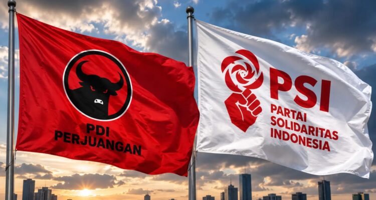 Ilustrasi bendera PDIP dan PSI dalam pertarungan narasi politik terkait Jokowi.