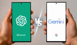 Ilustrasi persaingan ChatGPT dan Gemini di pasar chatbot AI global.