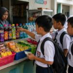 Ilustrasi siswa membeli makanan dan minuman di kantin sekolah terkait isu diabetes pada anak di Banten.