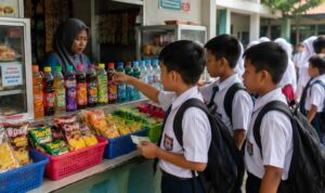 Ilustrasi siswa membeli makanan dan minuman di kantin sekolah terkait isu diabetes pada anak di Banten.