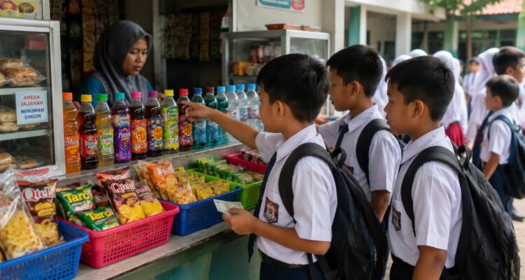 Ilustrasi siswa membeli makanan dan minuman di kantin sekolah terkait isu diabetes pada anak di Banten.