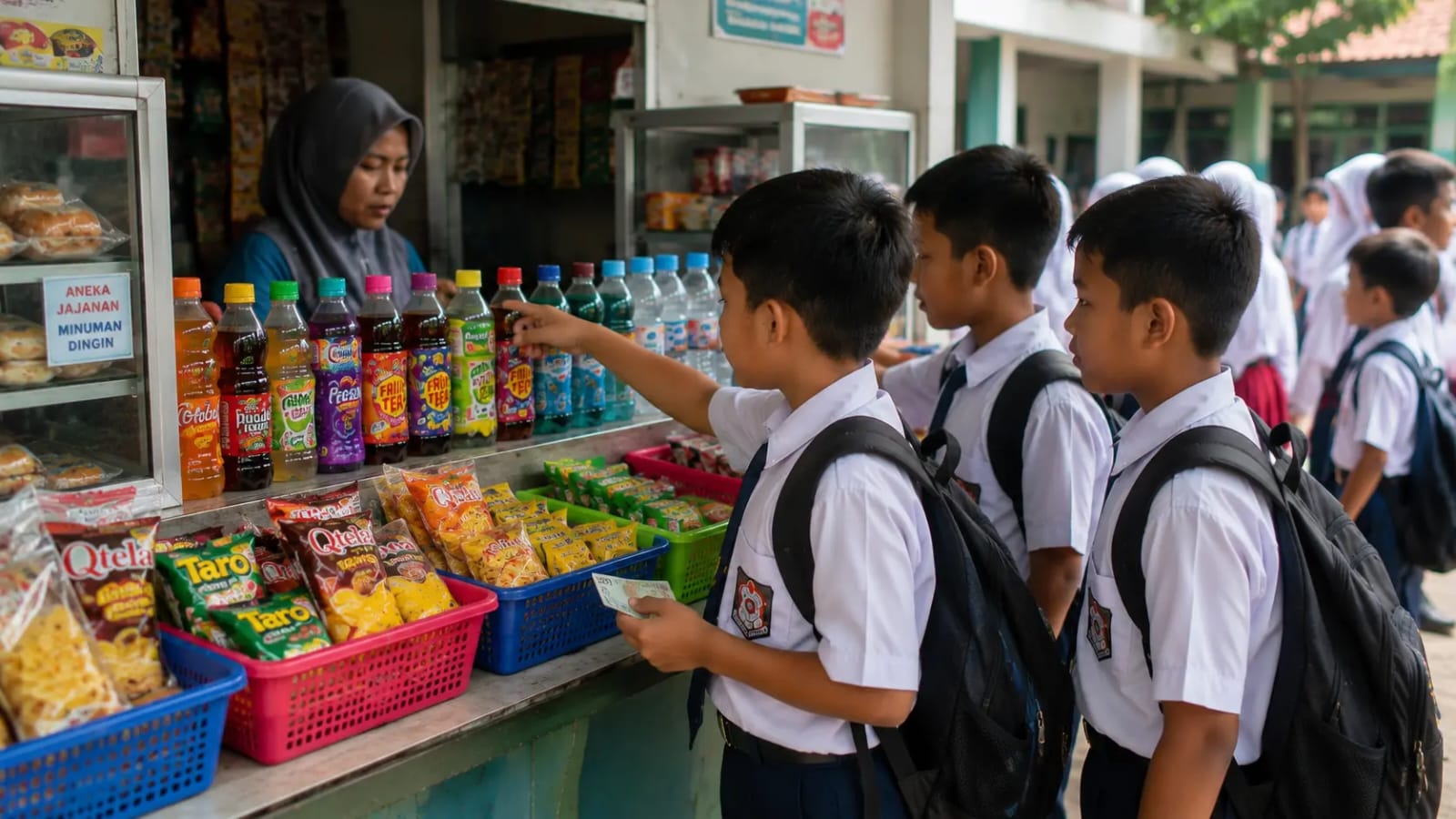 Ilustrasi siswa membeli makanan dan minuman di kantin sekolah terkait isu diabetes pada anak di Banten.