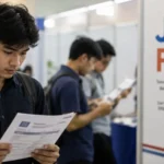 Pencari kerja muda membaca informasi lowongan pada acara job fair di Indonesia.