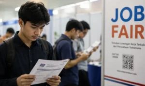 Pencari kerja muda membaca informasi lowongan pada acara job fair di Indonesia.