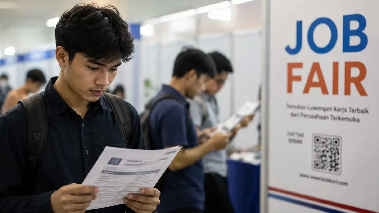 Pencari kerja muda membaca informasi lowongan pada acara job fair di Indonesia.