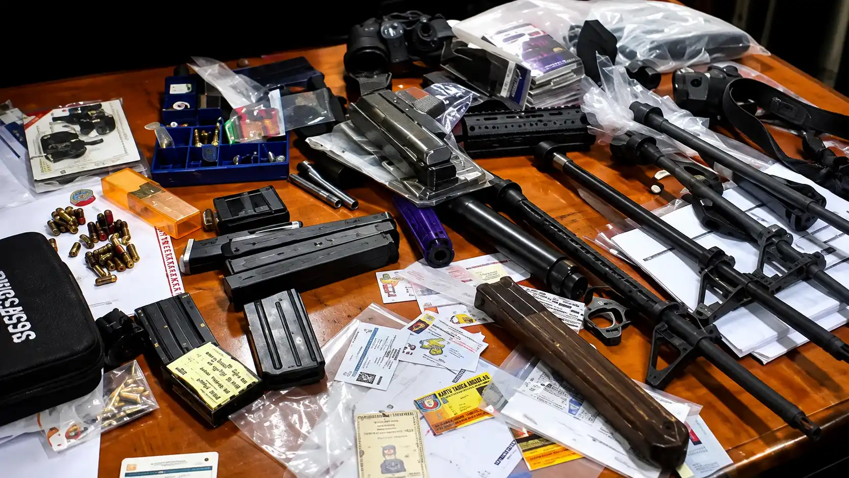 Barang bukti senjata api, magazen, dan amunisi yang ditemukan di sekolah swasta Kebayoran Lama, Jakarta Selatan, saat proses penyidikan oleh Polda Metro Jaya.