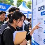 Ilustrasi pencari kerja memeriksa lowongan kerja resmi untuk menghindari penipuan rekrutmen