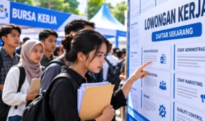 Antrean Bursa Kerja di Depan Papan Lowongan Ilustrasi pencari kerja memeriksa lowongan kerja resmi untuk menghindari penipuan rekrutmen