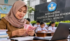 Ilustrasi guru menghitung uang terkait pencairan Tunjangan Profesi Guru non-ASN.