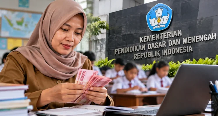 Ilustrasi guru menghitung uang terkait pencairan Tunjangan Profesi Guru non-ASN.