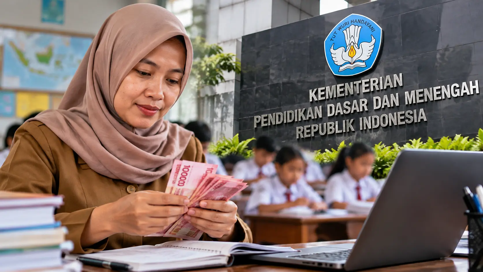 Ilustrasi guru menghitung uang terkait pencairan Tunjangan Profesi Guru non-ASN.