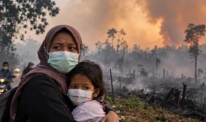 Ibu dan Anak di Tengah Asap Kebakaran Ibu dan anak memakai masker di tengah kabut asap karhutla dan lahan yang terbakar.