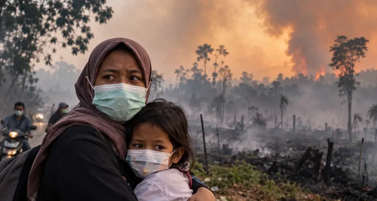 Ibu dan anak memakai masker di tengah kabut asap karhutla dan lahan yang terbakar.