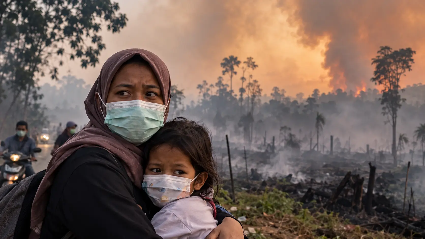 Ibu dan anak memakai masker di tengah kabut asap karhutla dan lahan yang terbakar.