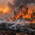 Lahan hutan dan vegetasi terbakar dalam ilustrasi kebakaran hutan dan lahan.