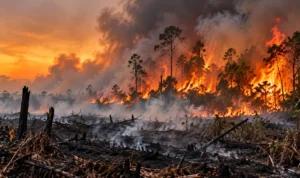 Lahan hutan dan vegetasi terbakar dalam ilustrasi kebakaran hutan dan lahan.