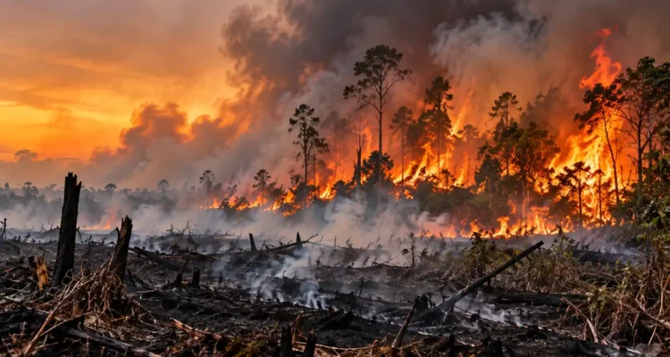Lahan hutan dan vegetasi terbakar dalam ilustrasi kebakaran hutan dan lahan.