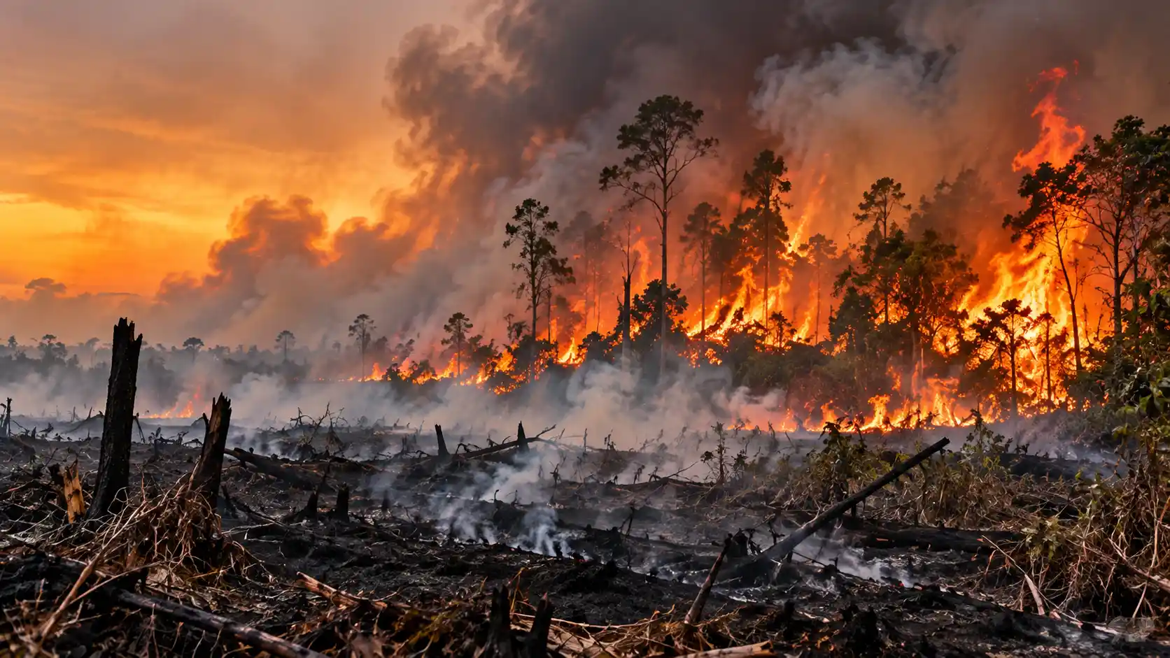 Lahan hutan dan vegetasi terbakar dalam ilustrasi kebakaran hutan dan lahan.