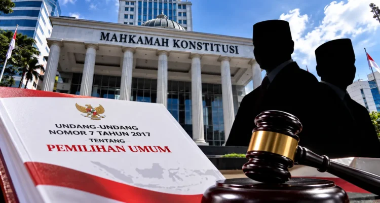 Ilustrasi gedung Mahkamah Konstitusi dan UU Pemilu dalam gugatan syarat pendidikan capres-cawapres.