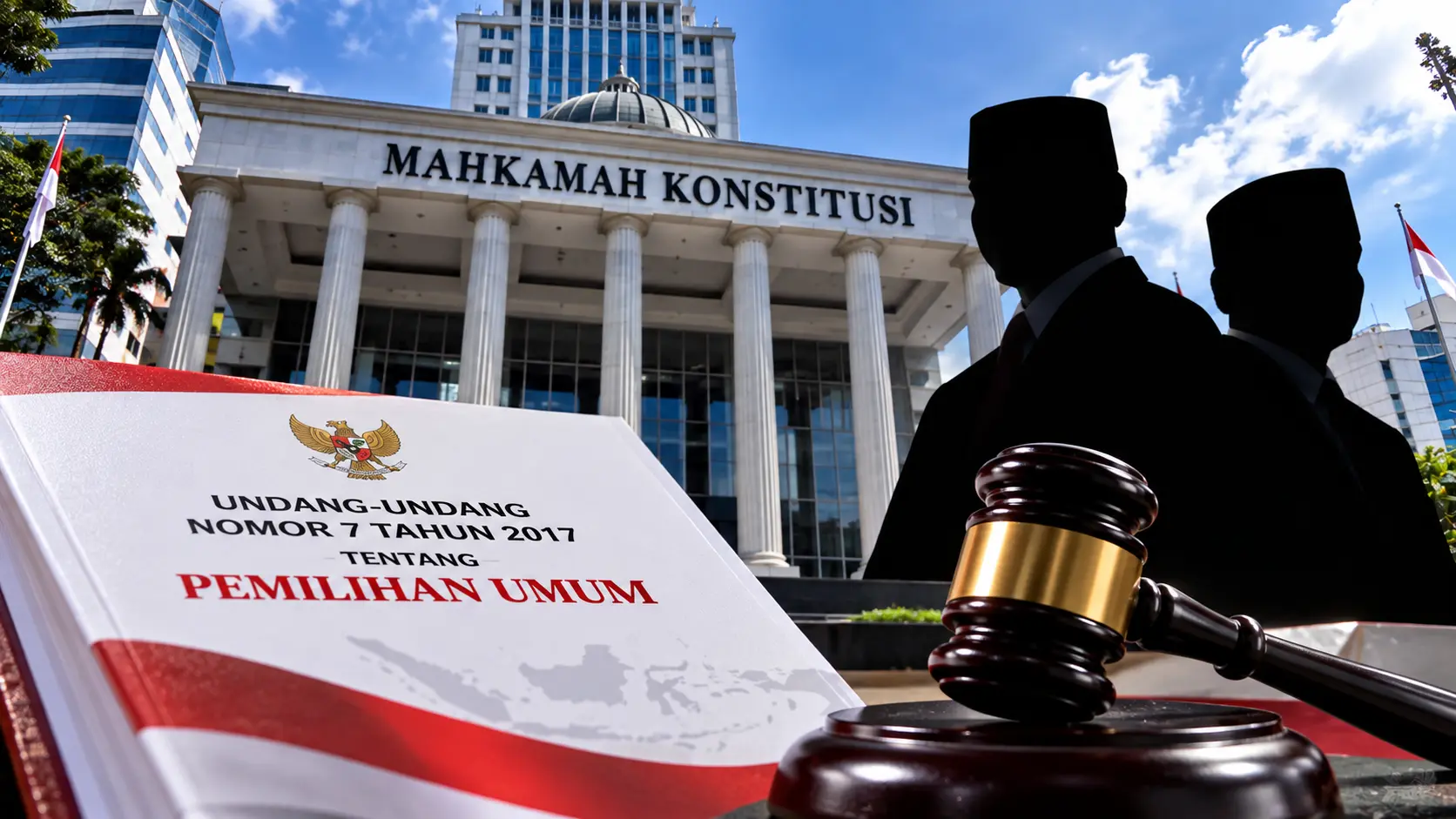 Ilustrasi gedung Mahkamah Konstitusi dan UU Pemilu dalam gugatan syarat pendidikan capres-cawapres.