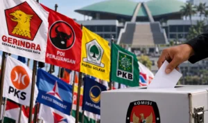 Ilustrasi Survei Elektabilitas Partai Politik 2026 Ilustrasi bendera partai politik Indonesia dalam konteks survei elektabilitas Poltracking 2026