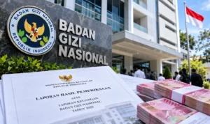 file_000000003b688207843ffb9d777e0f2e Gedung Badan Gizi Nasional dan ilustrasi dokumen pemeriksaan BPK terkait pengelolaan anggaran tahun 2025.