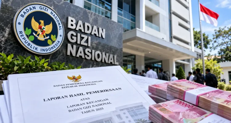 Gedung Badan Gizi Nasional dan ilustrasi dokumen pemeriksaan BPK terkait pengelolaan anggaran tahun 2025.