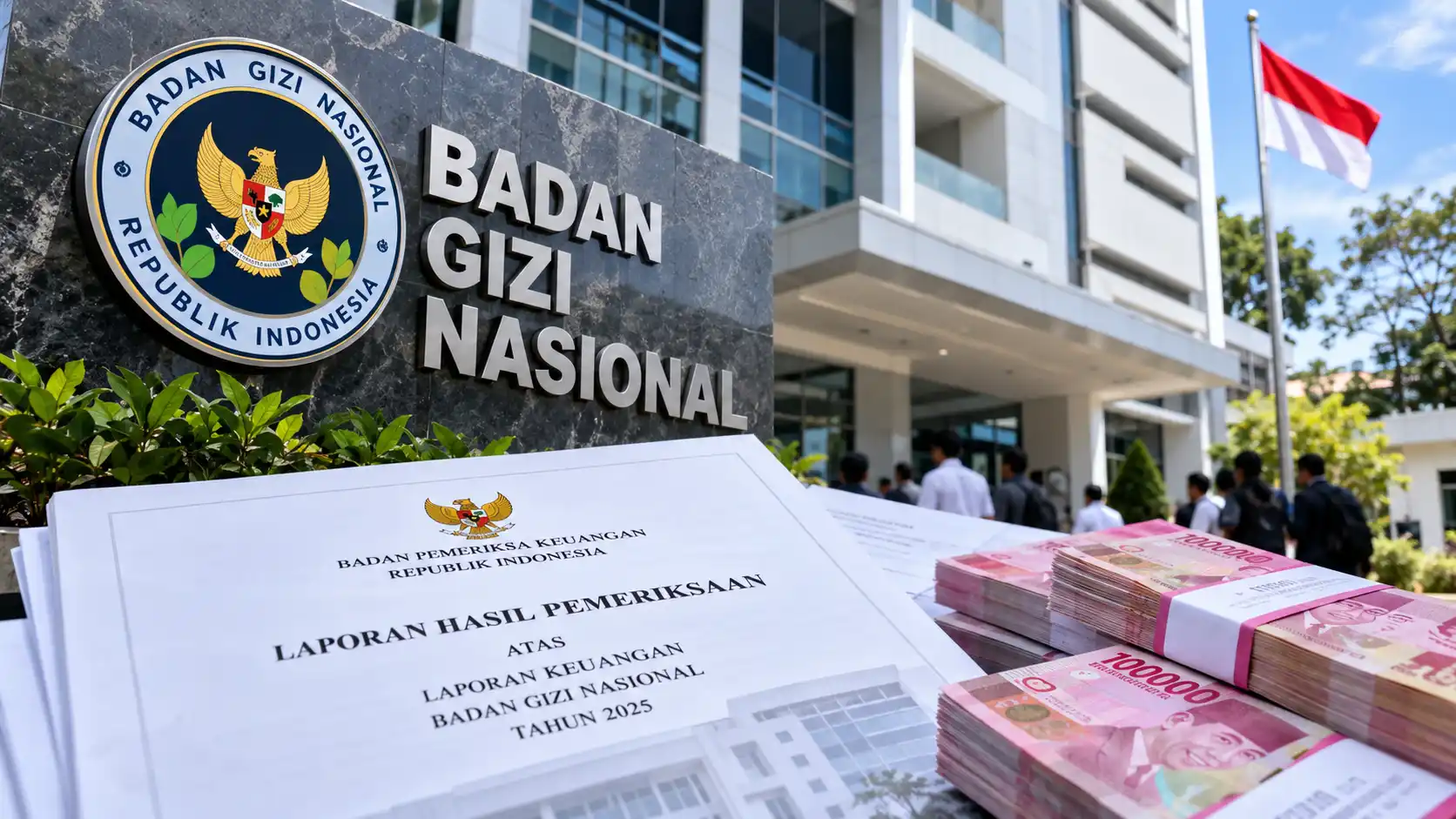 Gedung Badan Gizi Nasional dan ilustrasi dokumen pemeriksaan BPK terkait pengelolaan anggaran tahun 2025.