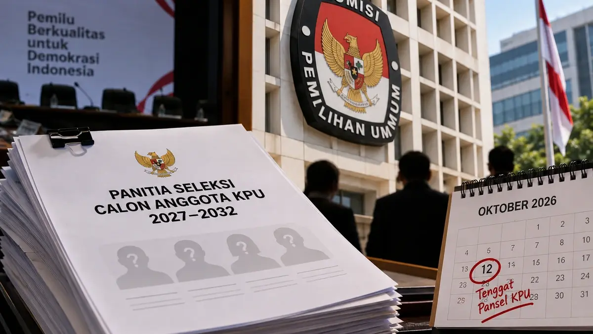 Ilustrasi Pansel KPU 2027–2032 yang belum diumumkan meski tenggat pembentukan telah terlewati.